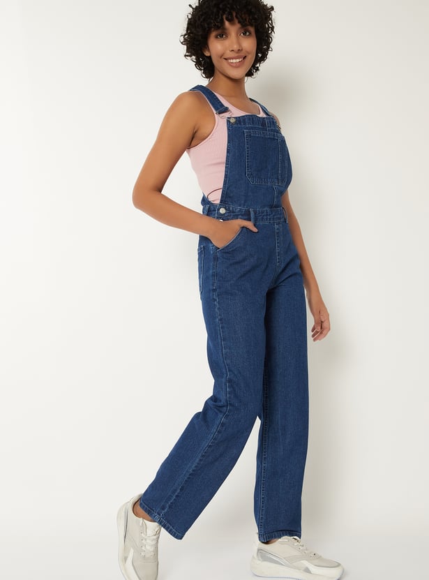 Women Solid Denim Dungarees