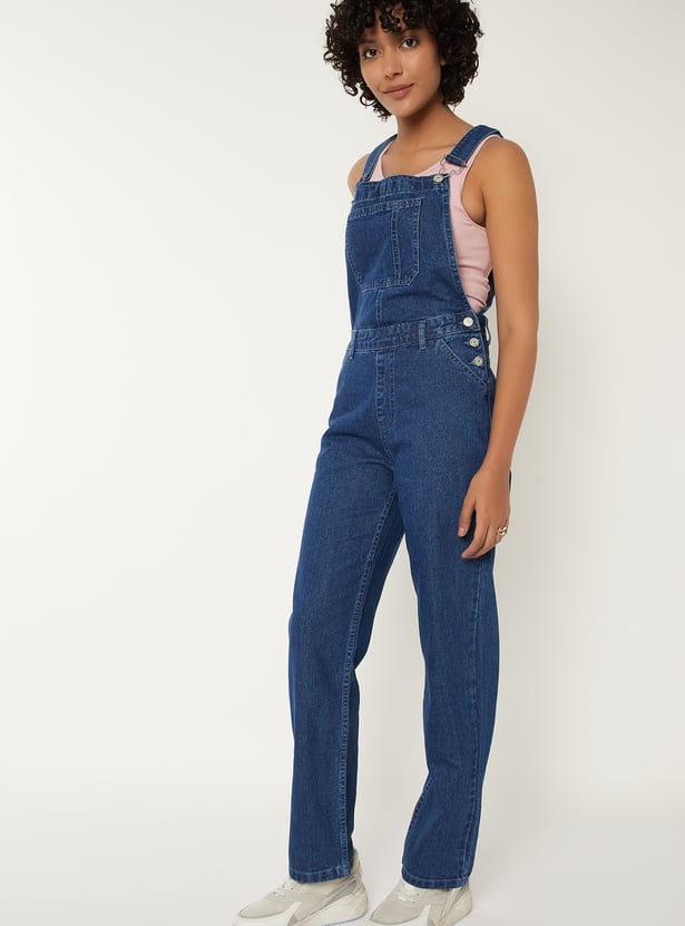Women Solid Denim Dungarees