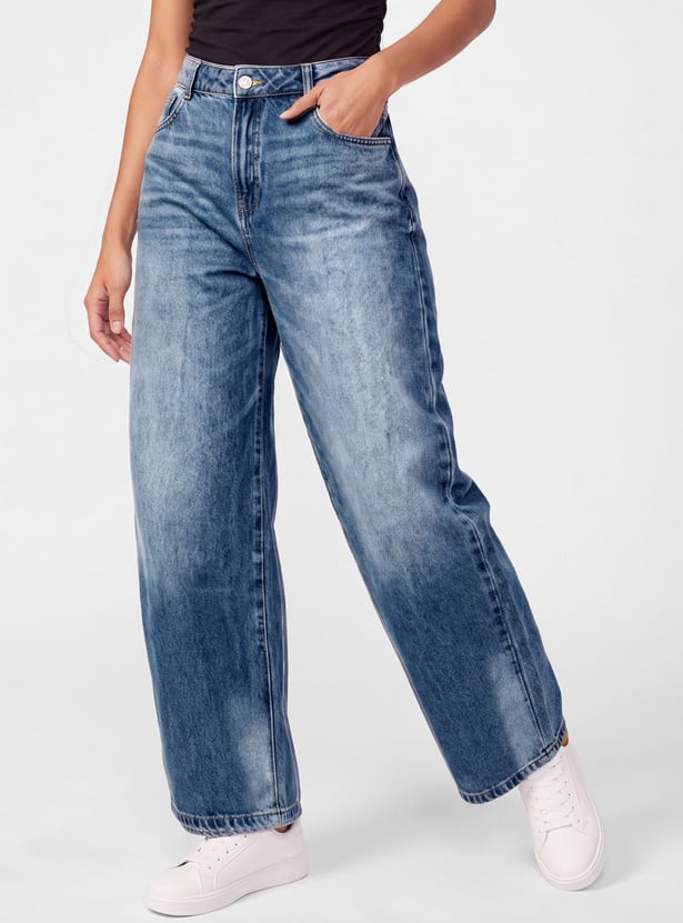 Women High-Rise Washed Barrel-Fit Jeans