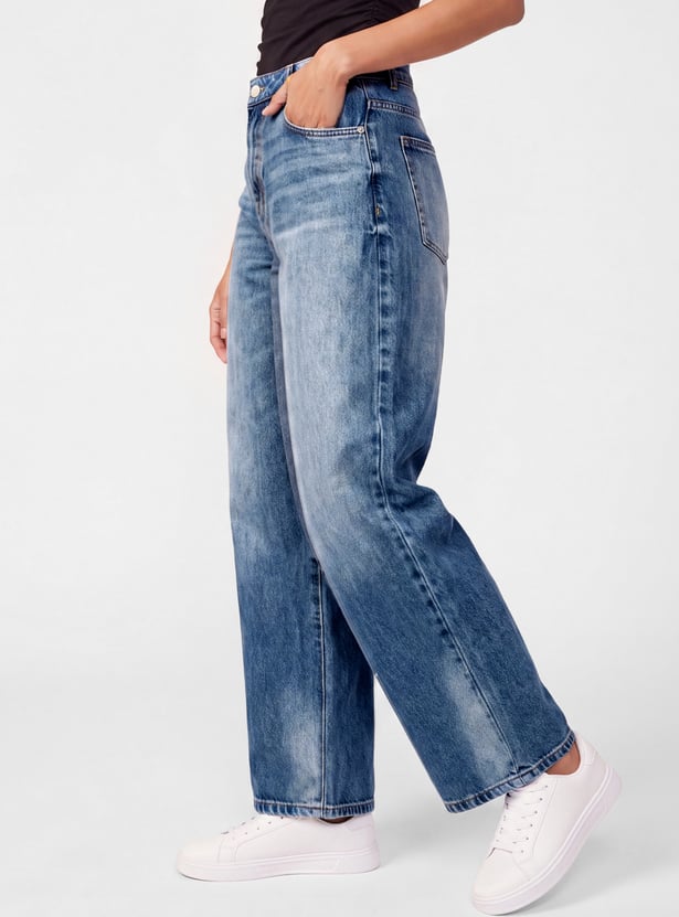 Women High-Rise Washed Barrel-Fit Jeans