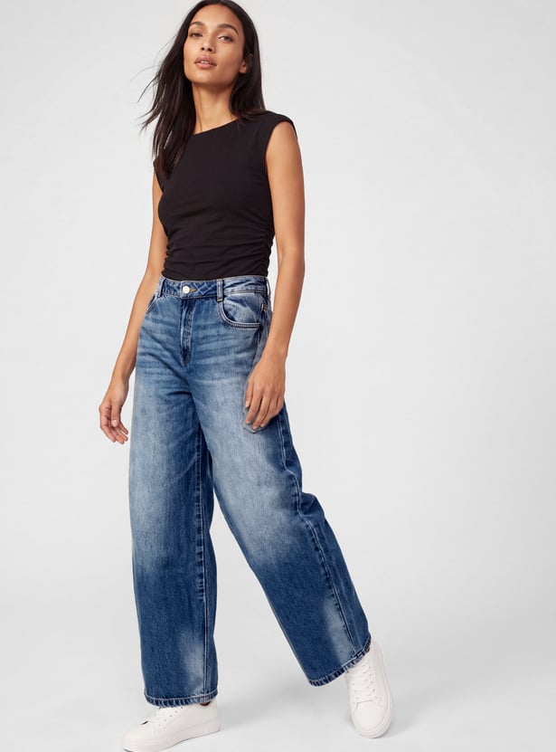 Women High-Rise Washed Barrel-Fit Jeans