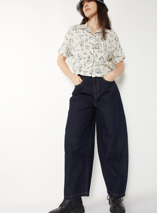 Women Dark Wash Barrel Fit Jeans