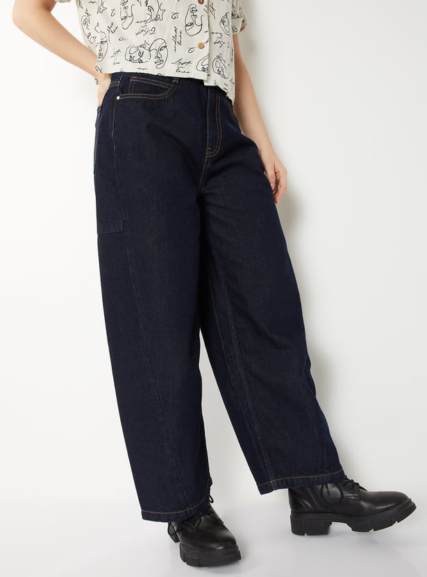Women Dark Wash Barrel Fit Jeans