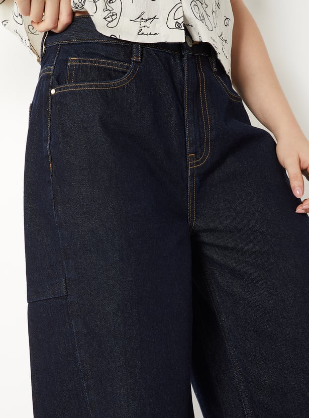Women Dark Wash Barrel Fit Jeans