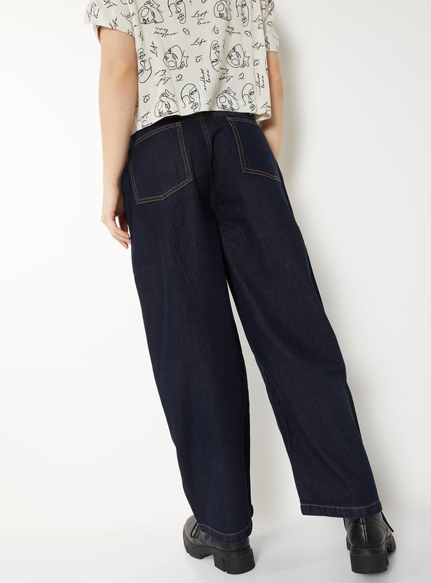 Women Dark Wash Barrel Fit Jeans