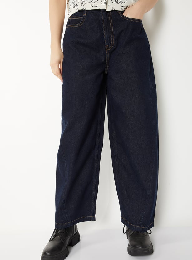 Women Dark Wash Barrel Fit Jeans