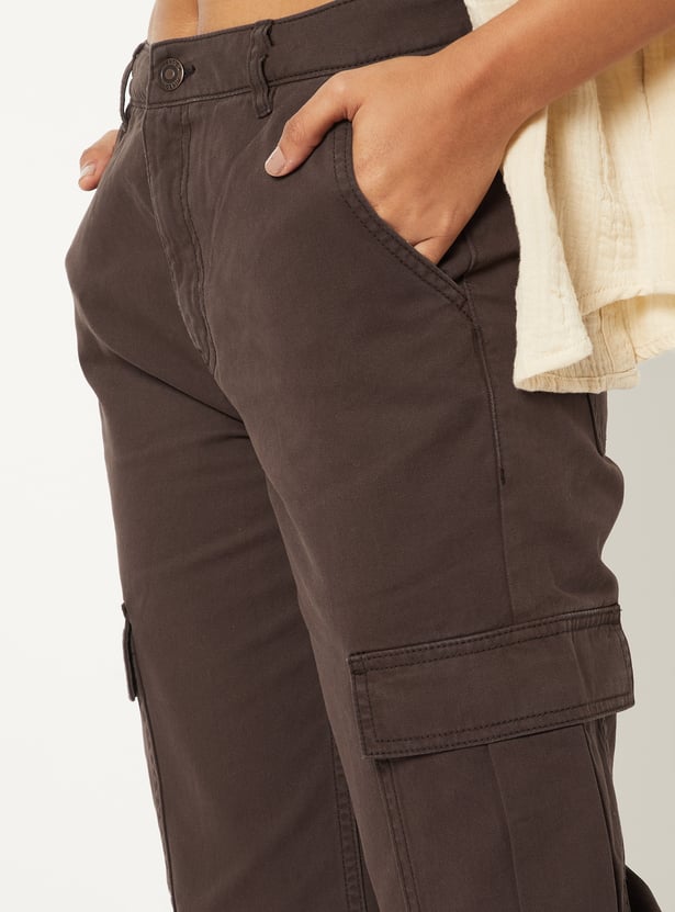 Women Solid High-Rise Cargo Jeans