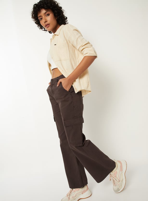 Women Solid High-Rise Cargo Jeans