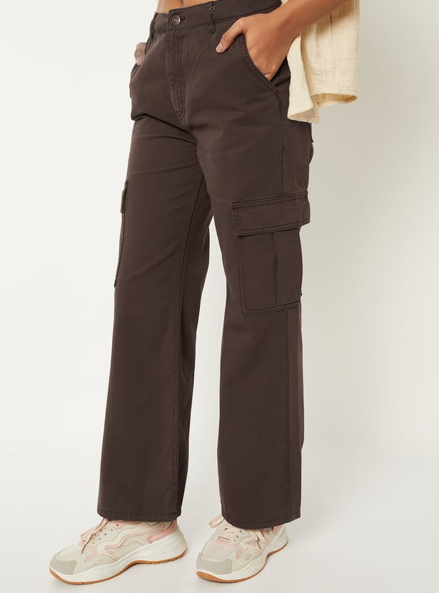 Women Solid High-Rise Cargo Jeans
