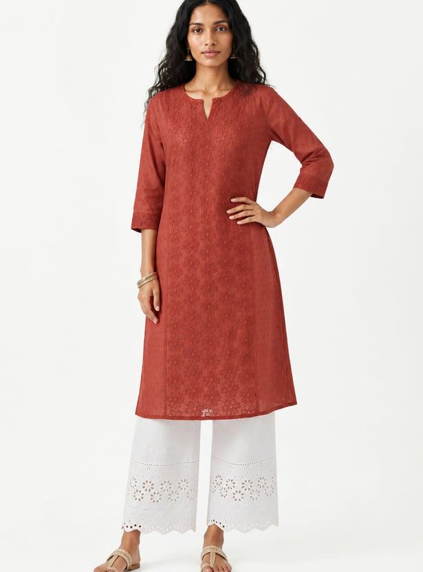 Women Schiffli Straight Kurta