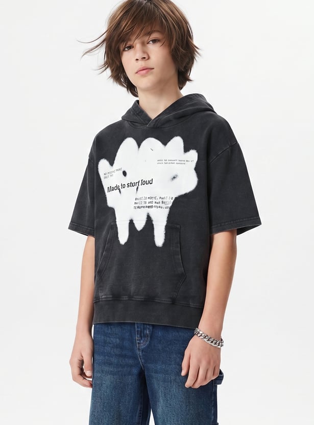 Boys Oversized Printed Hooded T-shirt