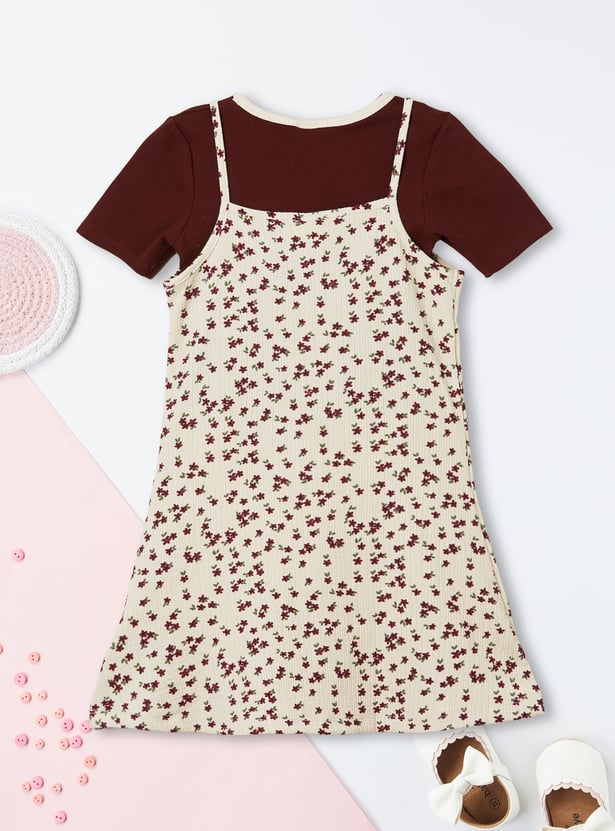 Girls Printed Pinafore Dress with Top