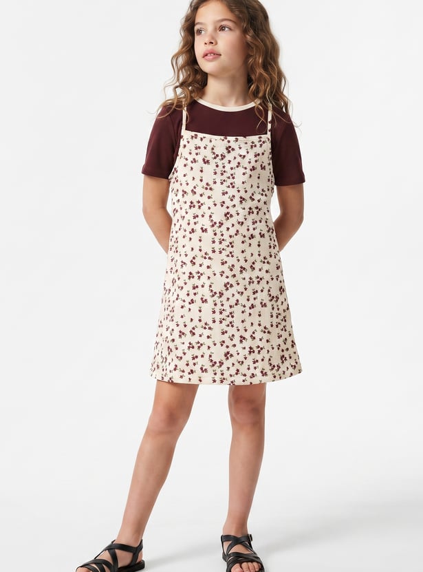 Girls Printed Pinafore Dress with Top