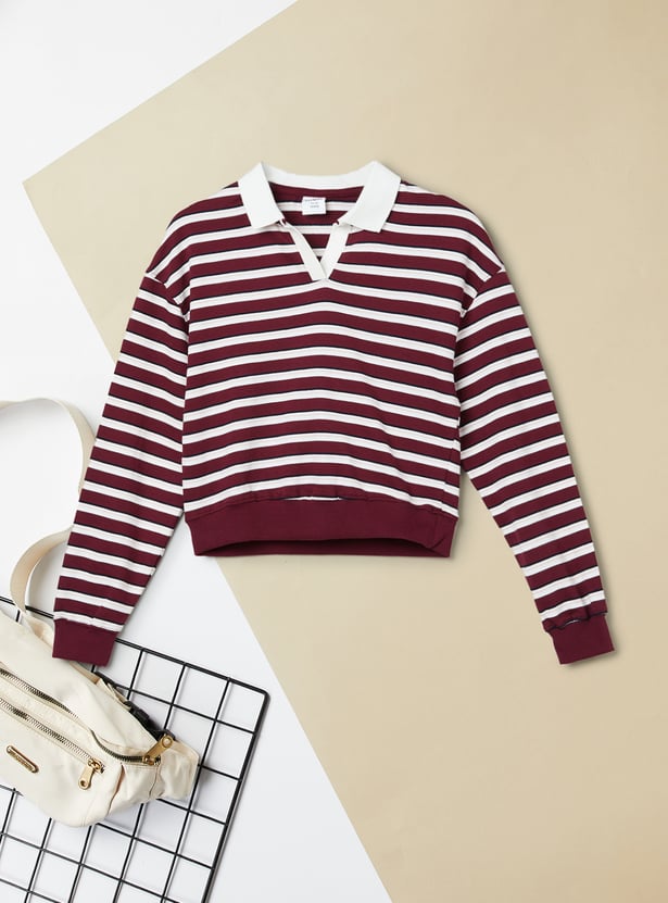 Girls Striped Johnny Collar T-shirt