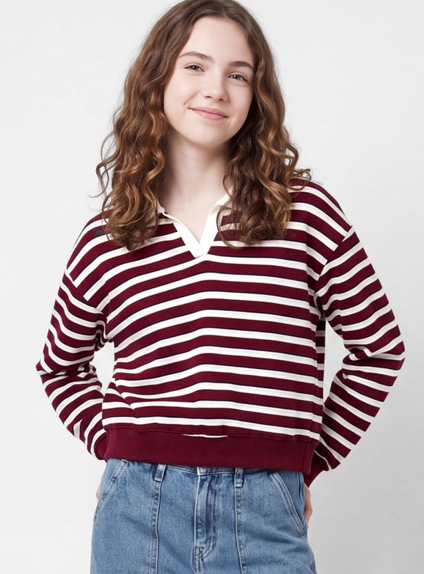 Girls Striped Johnny Collar T-shirt