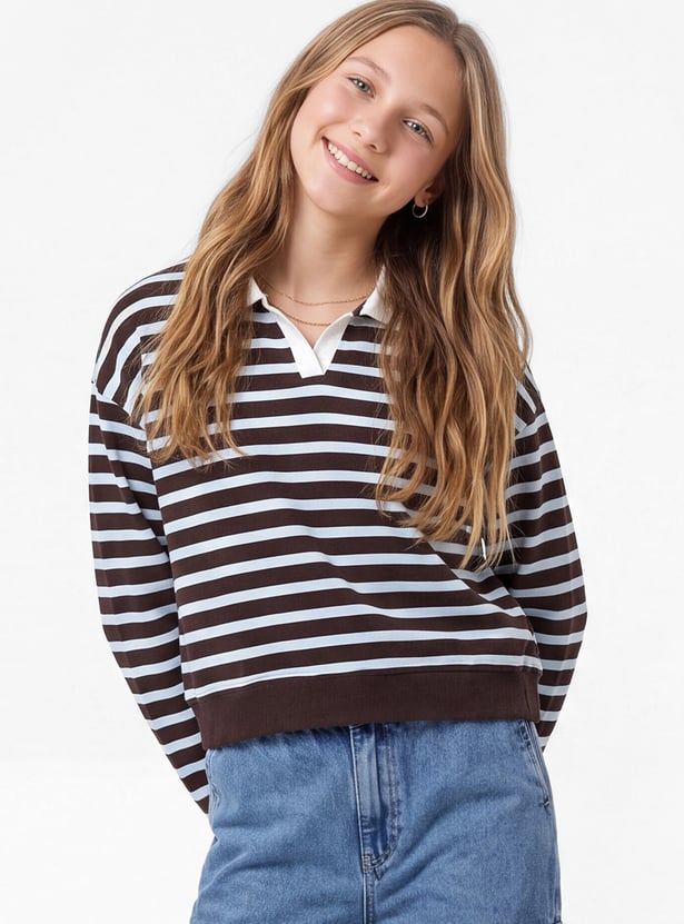 Girls Striped Johnny Collar T-shirt