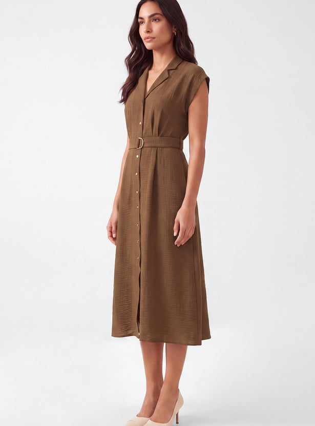 Women Textured Belted Midi Shirt xDress