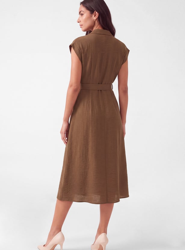 Women Textured Belted Midi Shirt xDress
