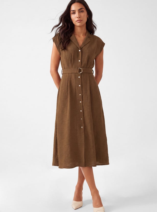Women Textured Belted Midi Shirt xDress
