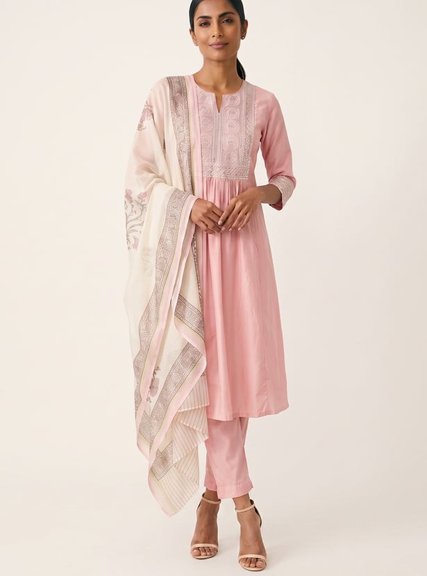 Women Embroidered A-line Kurta Set with Dupatta