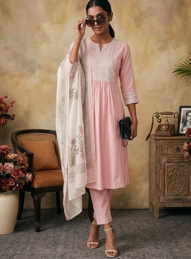 Women Embroidered A-line Kurta Set with Dupatta