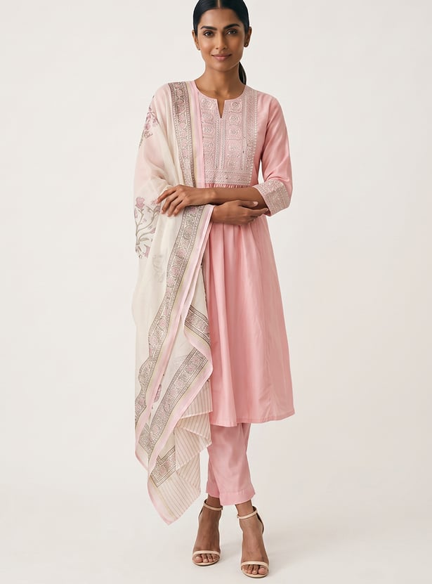 Women Embroidered A-line Kurta Set with Dupatta