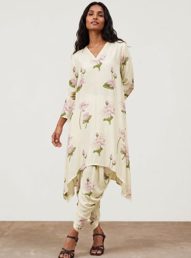 Women Floral Print High-Low Kurta