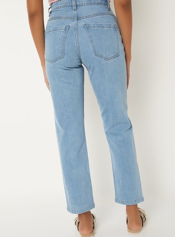 Women Solid Straight Fit Jeans High Rise