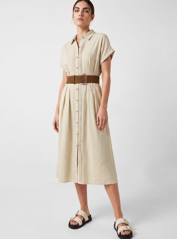 Women Solid Belted Shirt Dress
