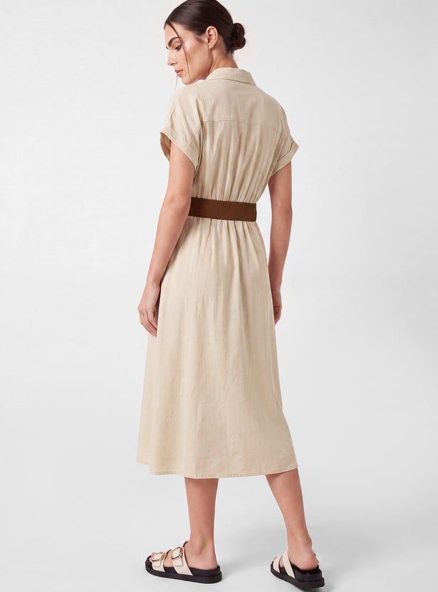 Women Solid Belted Shirt Dress
