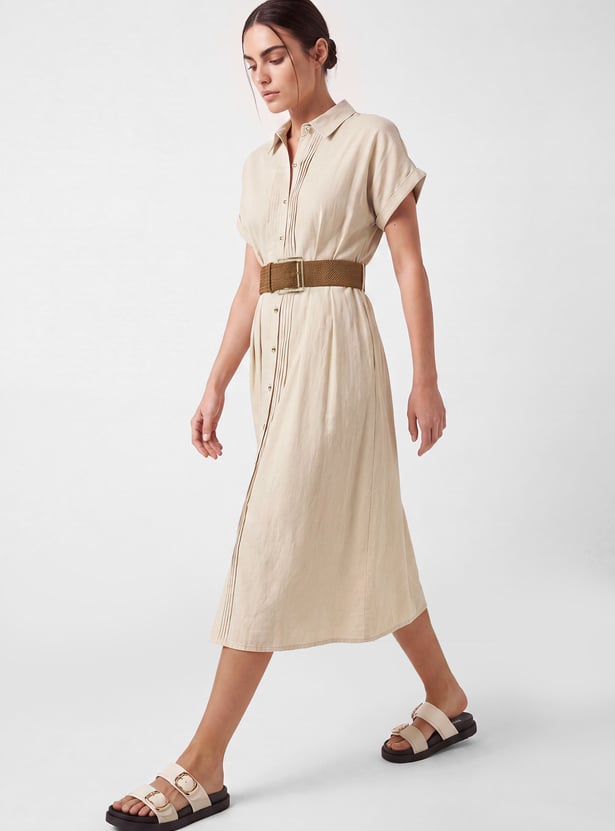 Women Solid Belted Shirt Dress