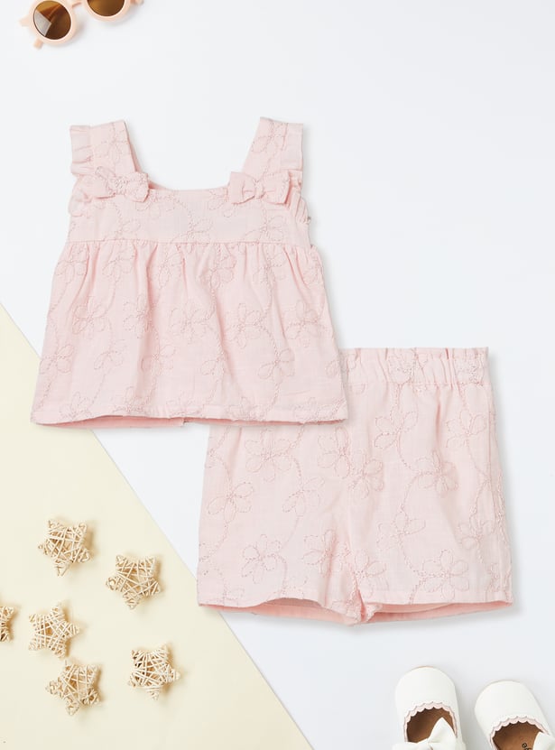 Girls Floral Embroidered Shorts Set