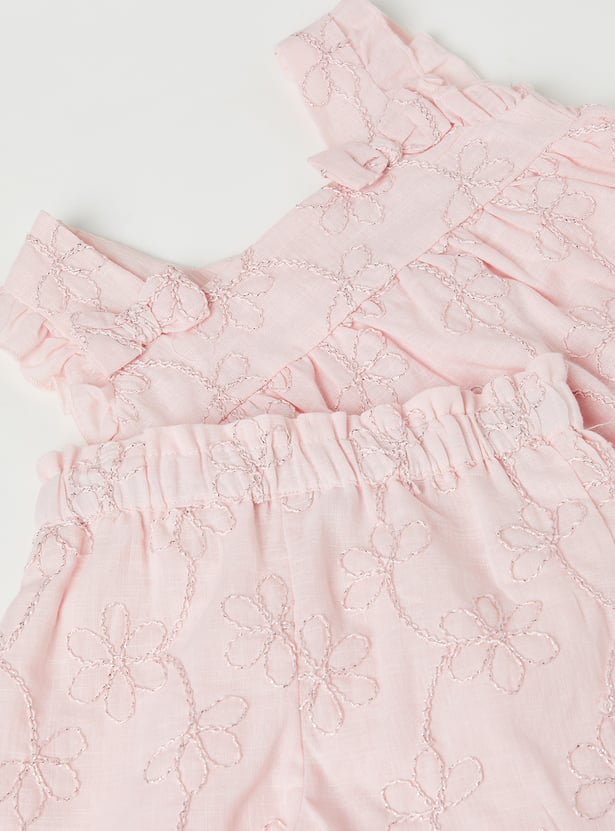 Girls Floral Embroidered Shorts Set