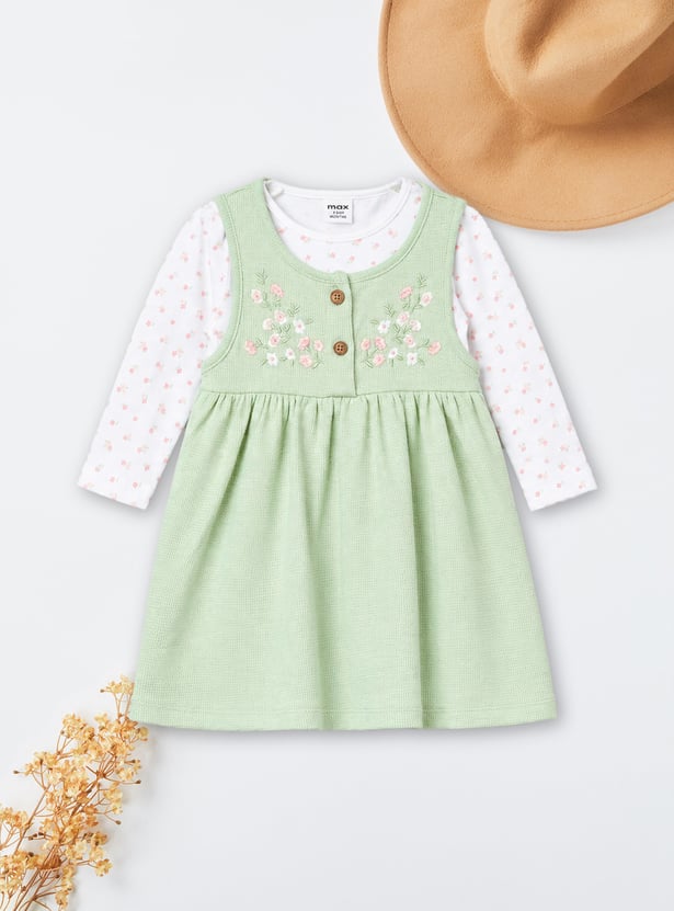 Girls Floral Embroidered Pinafore Dress with T-shirt