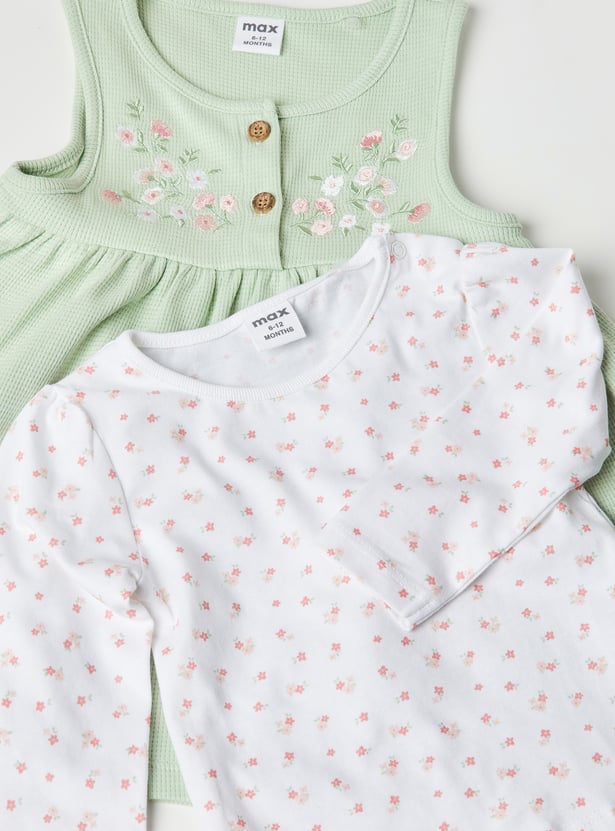 Girls Floral Embroidered Pinafore Dress with T-shirt