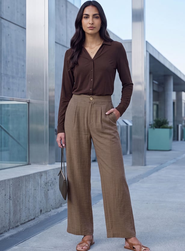 Women Solid Wide Leg Trousers