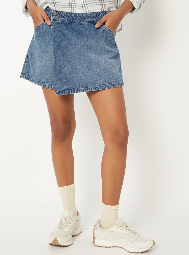 Women Solid High Rise Denim Skort
