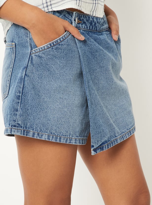 Women Solid High Rise Denim Skort