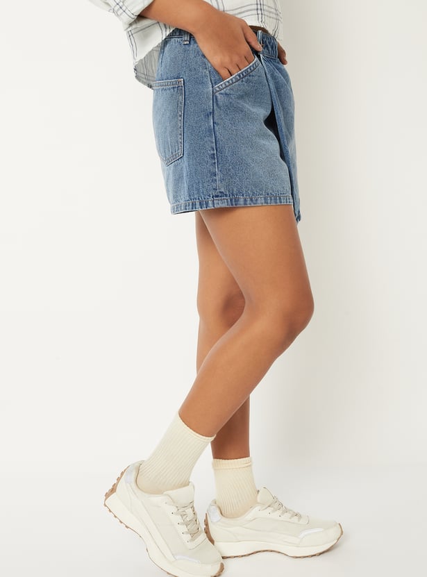 Women Solid High Rise Denim Skort