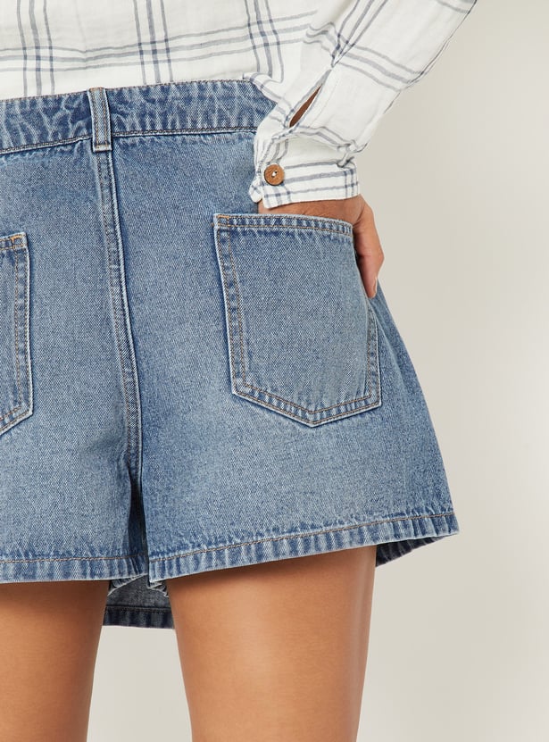 Women Solid High Rise Denim Skort