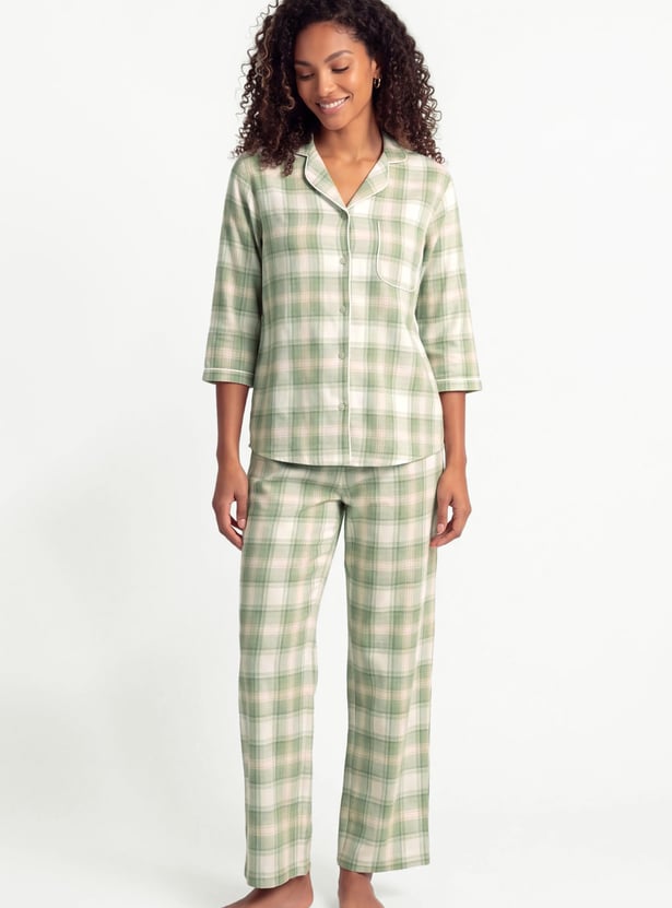 Women Flannel Checked PJ Set