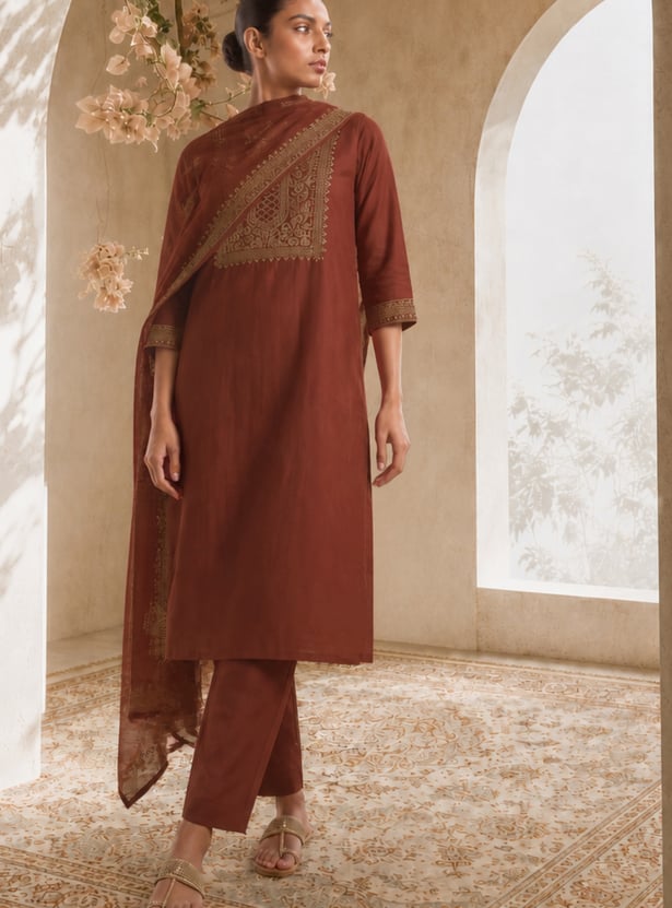 Women Embroidered Straight Kurta Set