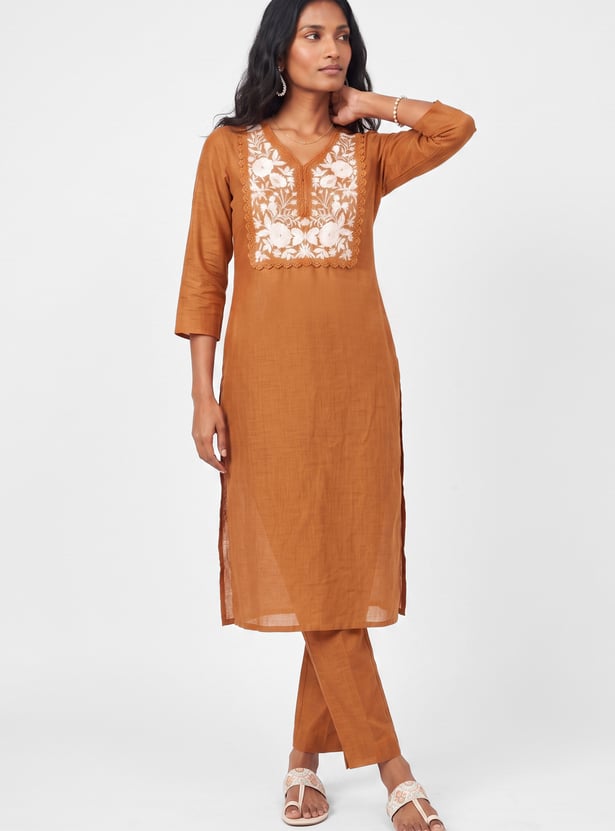 Women Embroidered Straight Kurta Set