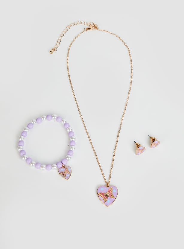 Girls Heart Butterfly Necklace Set with Bracelet