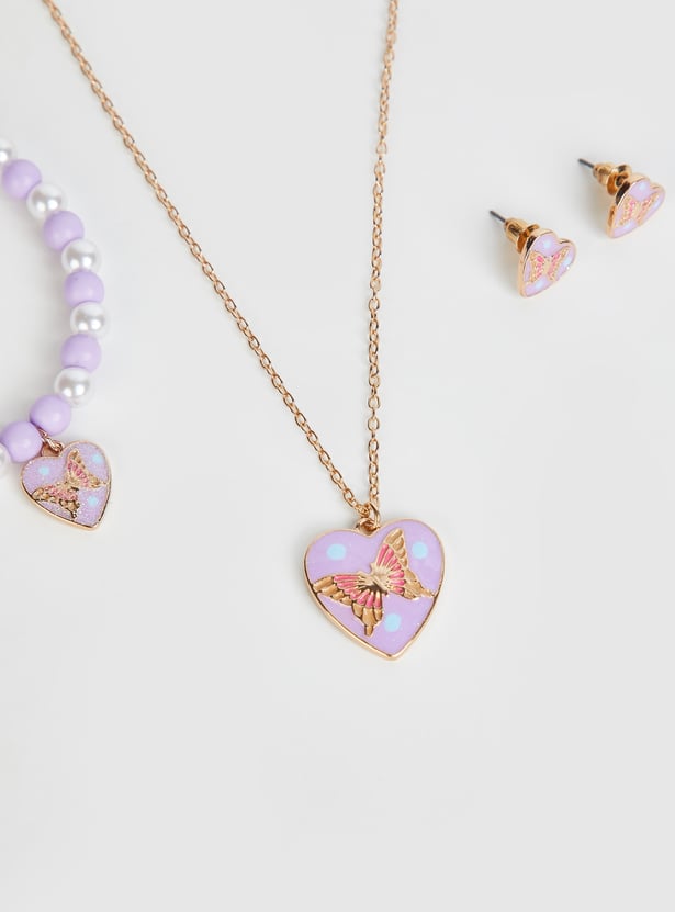 Girls Heart Butterfly Necklace Set with Bracelet