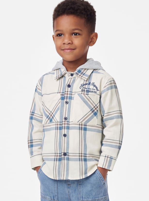Boys Checked Hooded Shirt