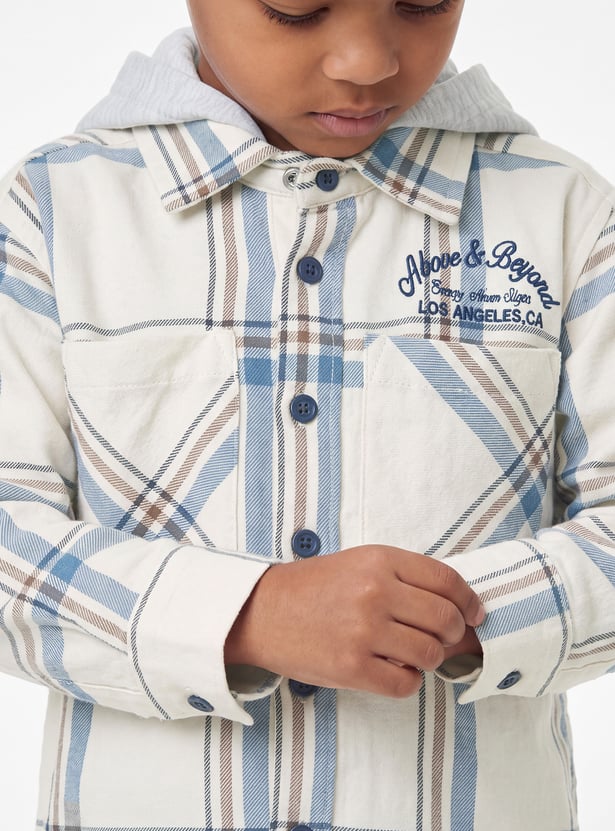 Boys Checked Hooded Shirt