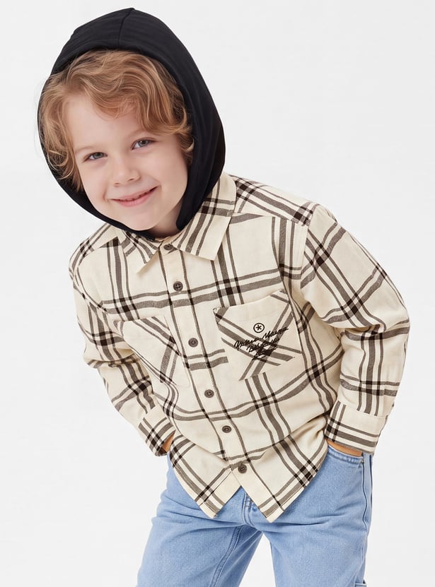 Boys Checked Hooded Shirt