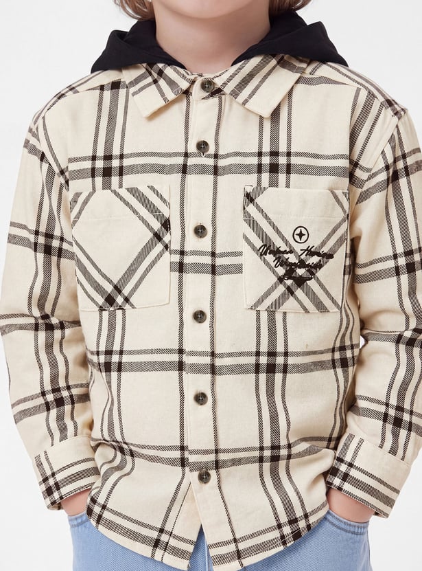 Boys Checked Hooded Shirt