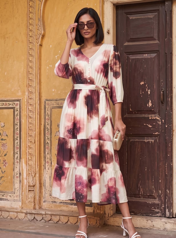 Women Printed Midi Dress with Tie-up Belt